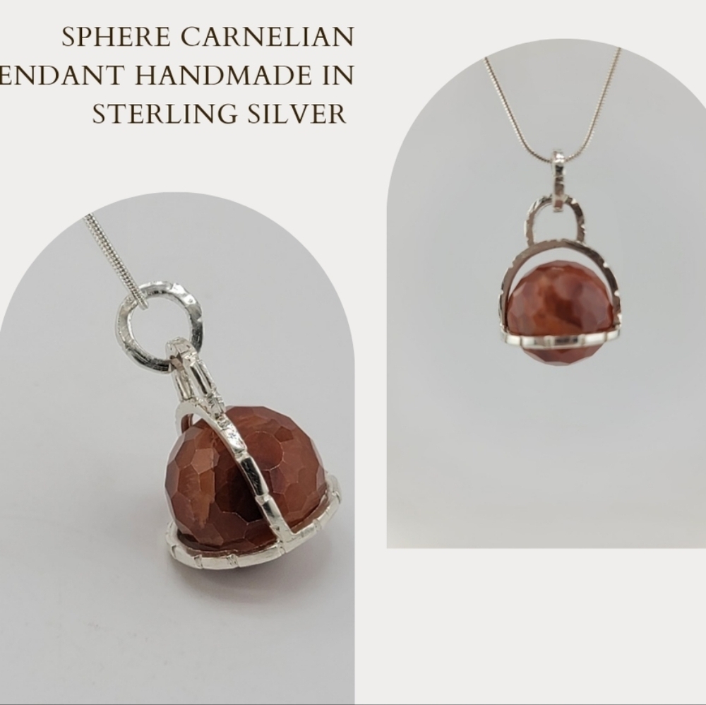 SPHERE CARNELIAN PENDANT IN STERLING SILVER METAL SNAKE CHAIN APPROX 18"
